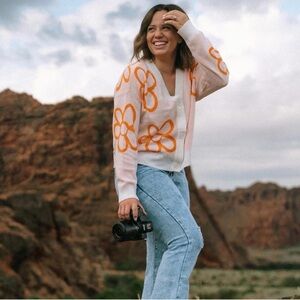 Floral Button-Up Cardigan - Orange and White